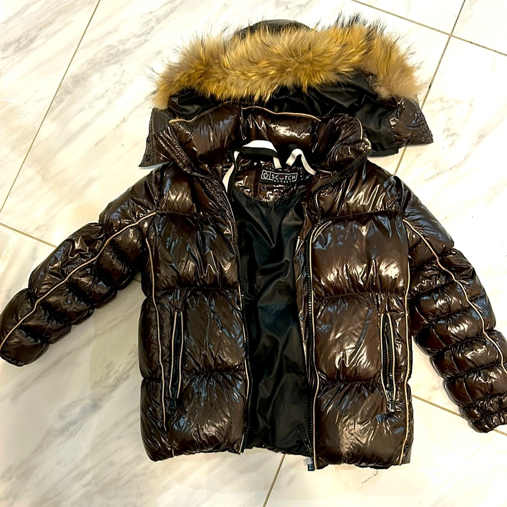 Scotch Bonnet Glossy Brown Puffer Jacket with Faux Fur Hood